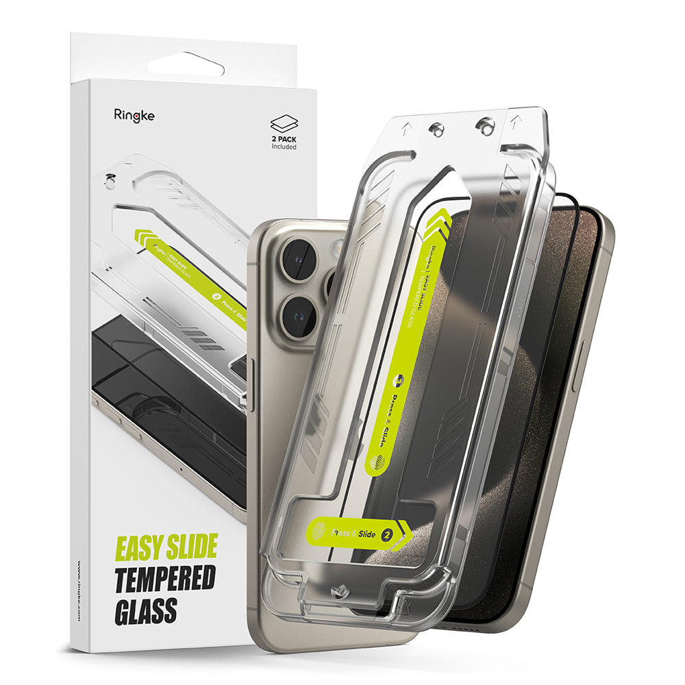 Beschermfolie Ringke Easy Slide voor Apple iPhone 15 Pro Max, Gehard Glas, Volledige Lijm, Set van 2 Stuks, Zwart