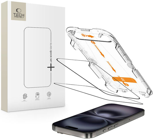 Beschermfolie Tech-Protect Quick Set+ voor Apple iPhone 16 / 15, Gehard Glas, Volledige Lijm, Set van 2 stuks, Zwart