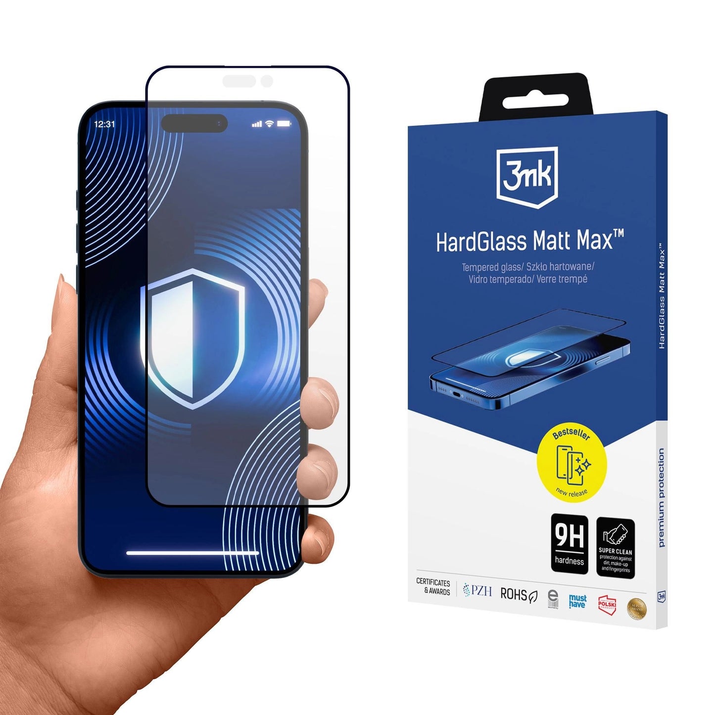 Screen Protector 3MK HardGlass Mat Max voor Apple iPhone 16 Pro Max, beschermend glas, volledig gelijmd, zwart 