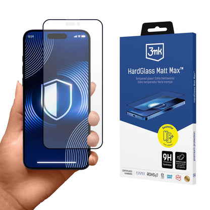 Screen Protector 3MK HardGlass Mat Max voor Apple iPhone 16 Pro Max, beschermend glas, volledig gelijmd, zwart 