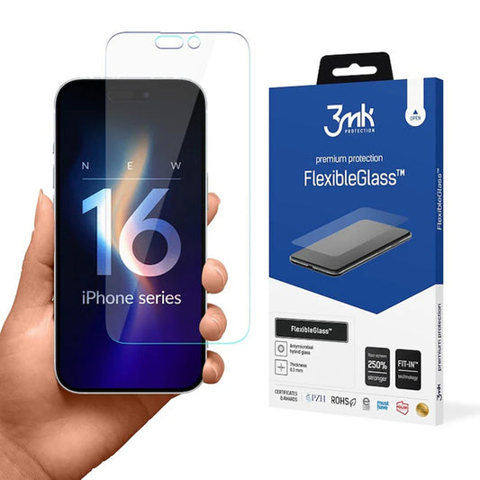 3MK FlexibleGlass schermbeschermfolie voor Apple iPhone 16 Pro Max, Flexibel Glas, Volledige Lijm