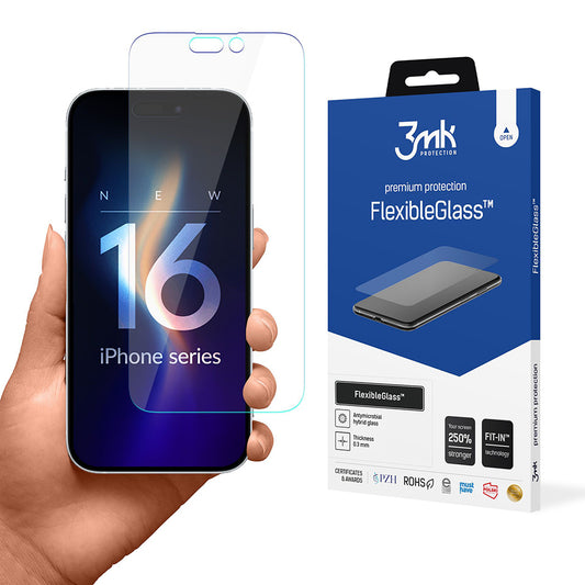 3MK FlexibleGlass schermbeschermfolie voor Apple iPhone 16 Pro, Flexibel Glas, Volledige Lijm