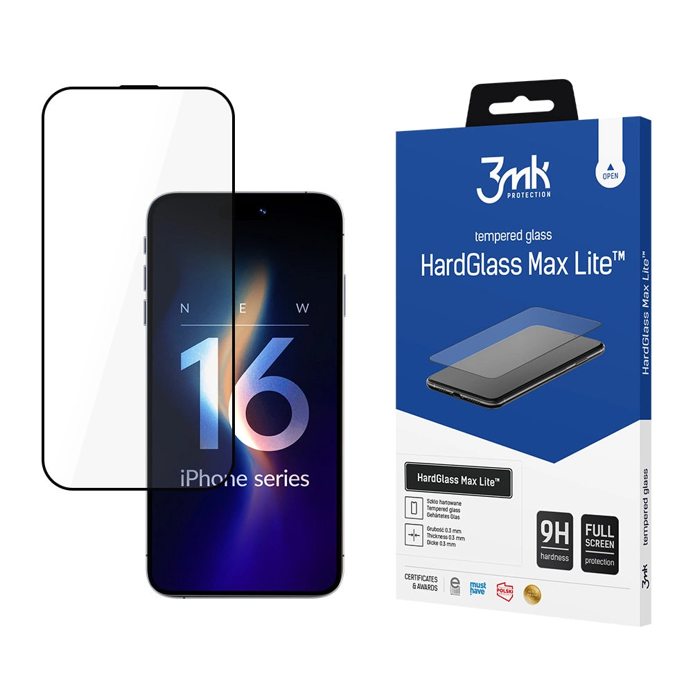 Beschermfolie Scherm 3MK HardGlass Max Lite voor Apple iPhone 17 / 16 Pro, Gehard Glas, Volledige Lijm, Zwart
