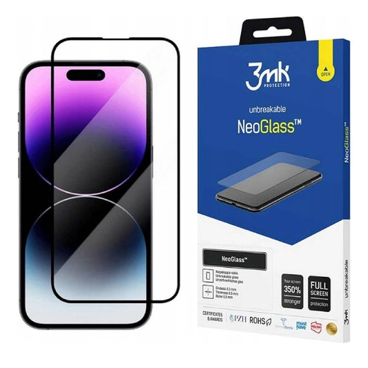 3MK NeoGlass schermbeschermfolie voor Apple iPhone 14 Pro Max, gehard glas, full glue, zwart