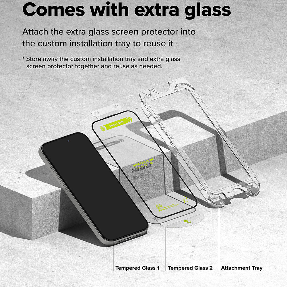 Ringke Easy Slide Screen Protector voor Apple iPhone 16 Plus / 15 Plus, Glasbeschermd, Volledig gelijmd, Set 2 stuks, Zwart