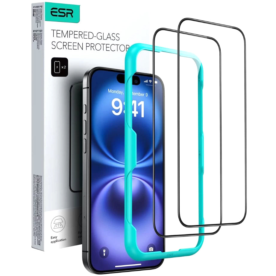 Schermbeveiligingsfolie ESR voor Apple iPhone 16 Pro Max, Gehard Glas, Volledige Lijm, Set van 2 stuks, Zwart