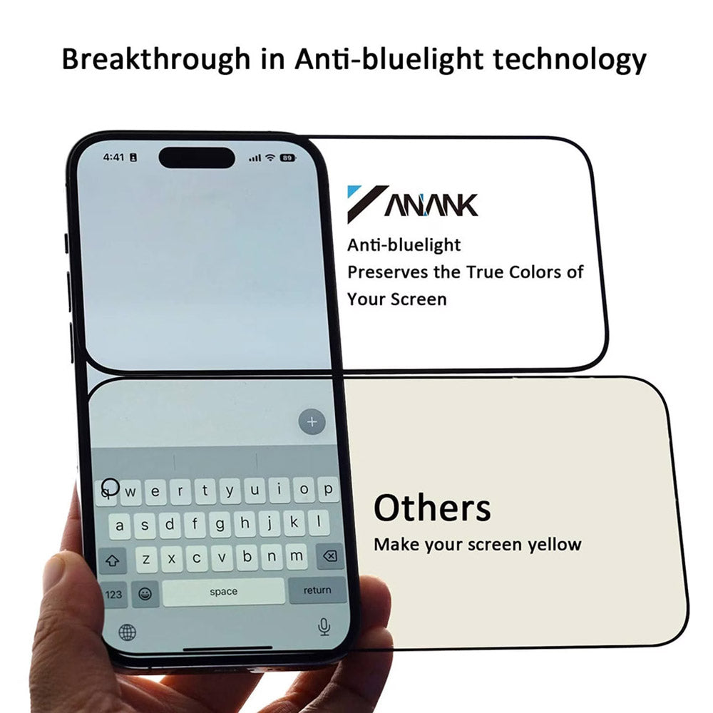 Anti Blue Light Anank 3X Versterkte Screenprotector voor Apple iPhone 16 Pro, Gehard Glas, Volledige Lijm, 2.5D, Zwart