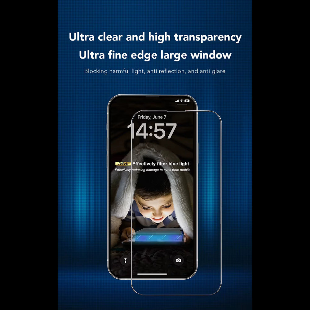Anti Blue Light Anank 3X Versterkte Screenprotector voor Apple iPhone 16 Pro, Gehard Glas, Volledige Lijm, 2.5D, Zwart