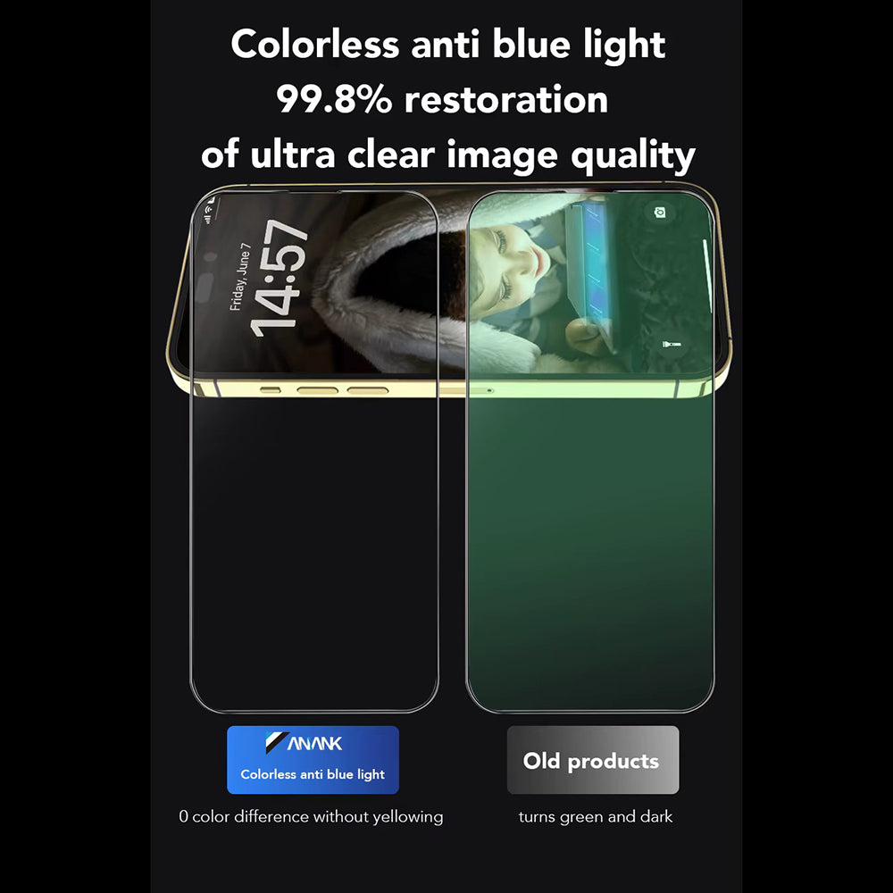 Anti Blue Light Anank 3X Versterkte Screenprotector voor Apple iPhone 16 Pro, Gehard Glas, Volledige Lijm, 2.5D, Zwart