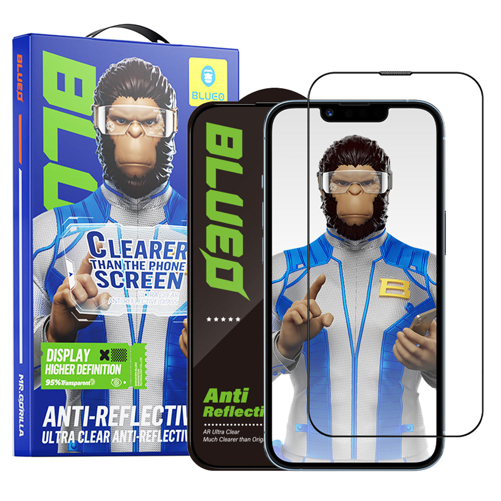 Blueo Anti-Reflecterende HD Schermbeschermfolie voor Apple iPhone 17e / 16e / 14 / 13 Pro, Gehard Glas, Volledige Lijm, Zwart
