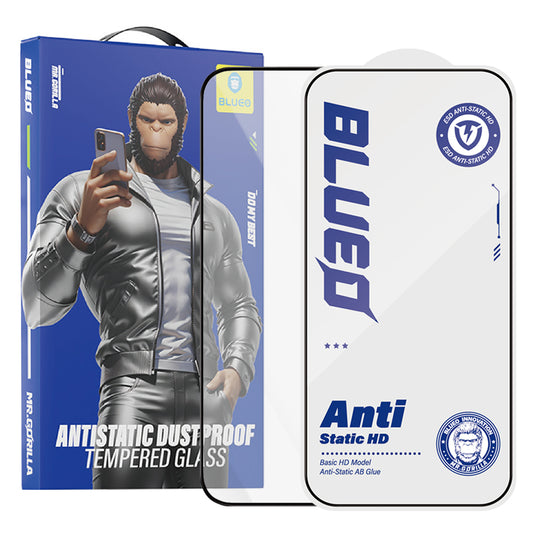 Blueo Anti-Static HD schermbeschermfolie voor Apple iPhone 17e / 16e / 14 / 13 Pro, gehard glas, volledige lijm, zwart