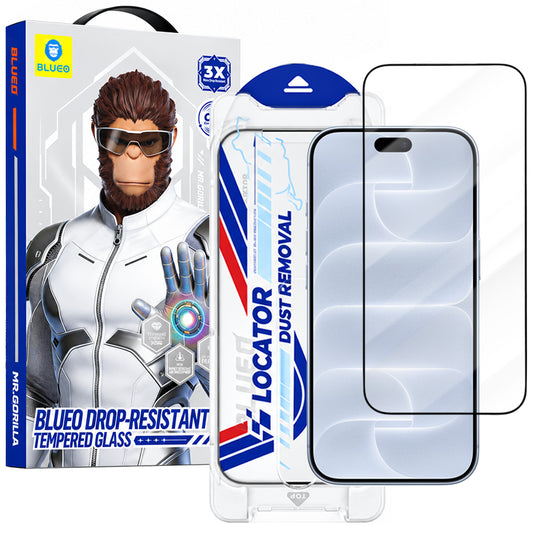 Blueo Drop Resistant Applicator Pro-schermbeschermer voor Apple iPhone 18 Pro / 17 Pro / 17 / 16 Pro, gehard glas, volledige kleeflaag, zwart