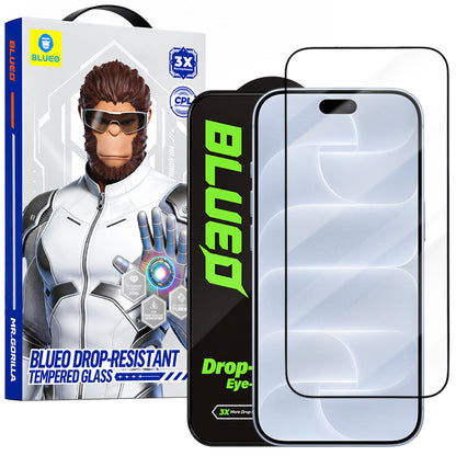 Blueo Drop Resistant-schermbeschermer voor Apple iPhone 18 Pro / 17 Pro / 17 / 16 Pro, gehard glas, volledige kleeflaag, zwart