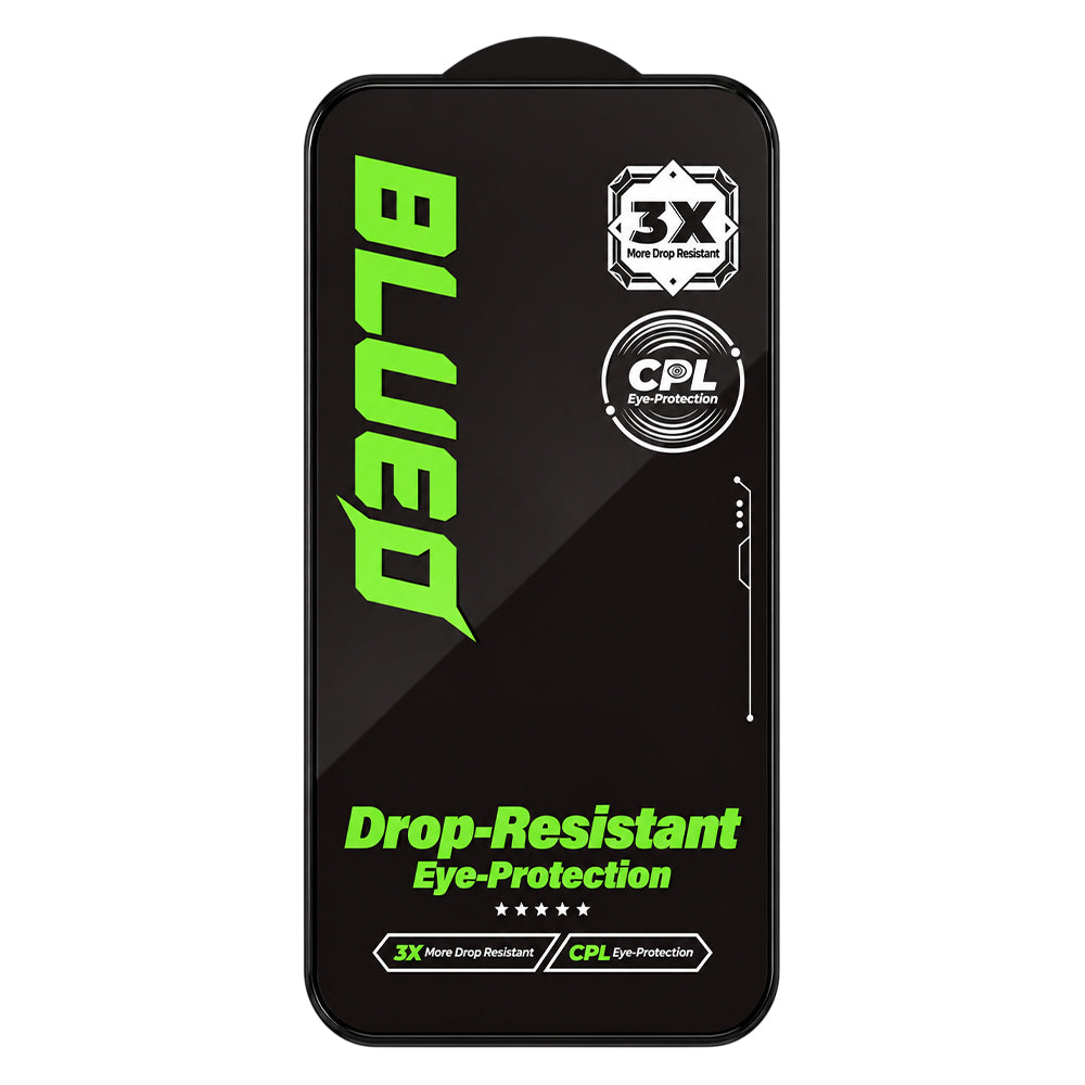 Blueo Drop Resistant-schermbeschermer voor Apple iPhone 18 Pro / 17 Pro / 17 / 16 Pro, gehard glas, volledige kleeflaag, zwart