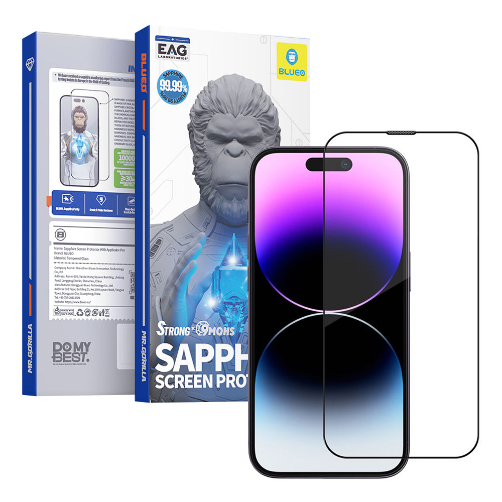 Blueo Sapphire Applicator Pro schermbeschermfolie voor Apple iPhone 16 Pro Max, gehard glas, volledige lijm, zwart