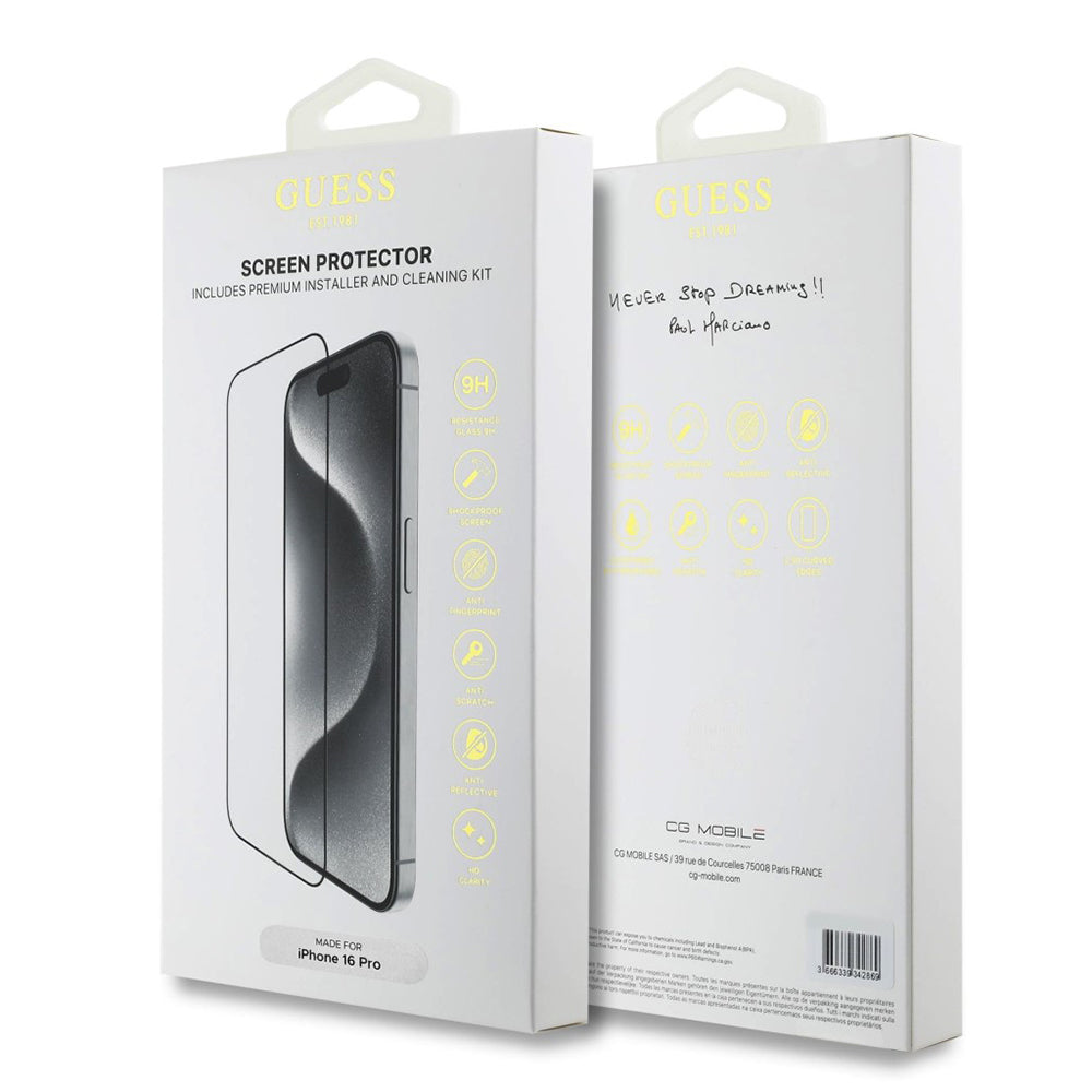 Beschermfolie Guess Classic Outline voor Apple iPhone 16 Pro, Gehard Glas, Volledige Lijm, 2.5D, Zwart GUTGP16LBOKGCIT