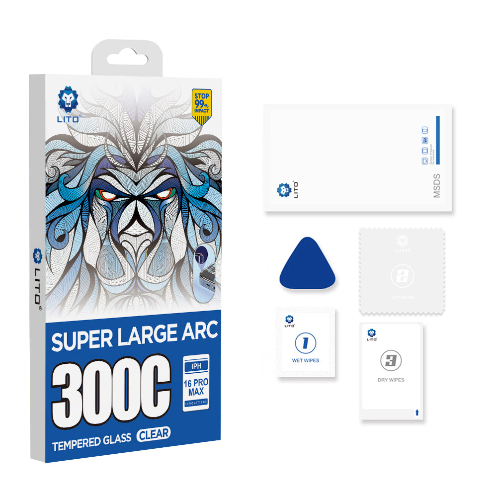 Lito D+ Max 300C schermbeschermfolie voor Apple iPhone 17e / 16e / 14 / 13 Pro, gehard glas, volledige lijmlaag