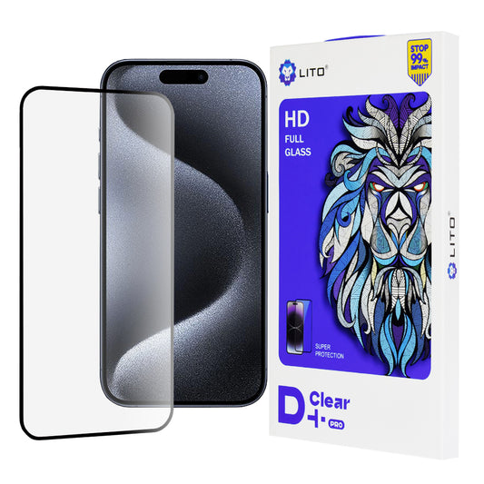 Lito D+ Pro schermbeschermfolie voor Apple iPhone 15 Pro, gehard glas, volledige lijm, zwart