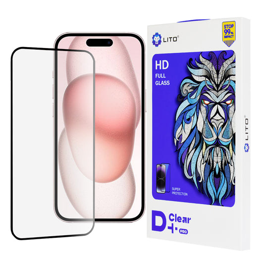 Lito D+ Pro schermbeschermfolie voor Apple iPhone 15, gehard glas, volledige lijm, zwart