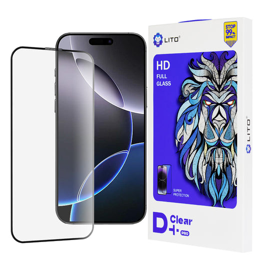 Lito D+ Pro schermbeschermfolie voor Apple iPhone 16 Pro Max, gehard glas, volledige lijm, zwart