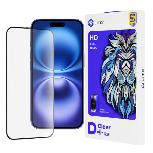 Lito D+ Pro schermbeschermfolie voor Apple iPhone 16, gehard glas, volledige lijm, zwart