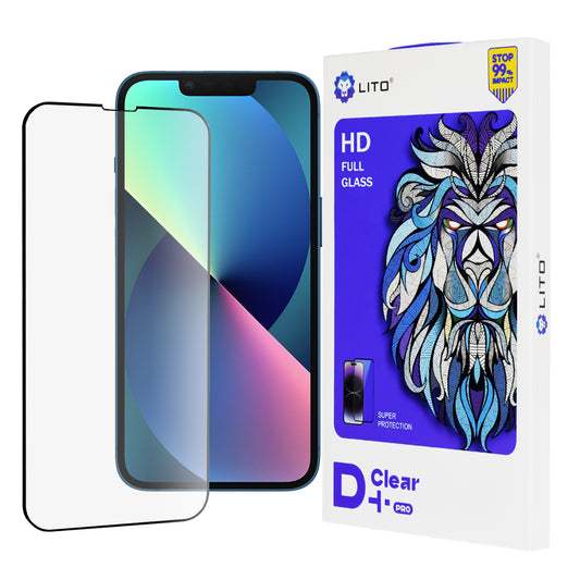 Lito D+ Pro schermbeschermfolie voor Apple iPhone 17e / 16e / 14 / 13 Pro, gehard glas, volledige lijm, zwart