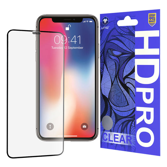 Lito HD Pro Clear schermbeschermfolie voor Apple iPhone 11 Pro / XS / X, gehard glas, volledige lijm, zwart