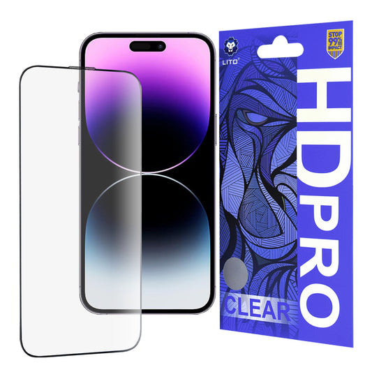Lito HD Pro Clear schermbeschermfolie voor Apple iPhone 14 Pro Max, gehard glas, volledige lijm, zwart