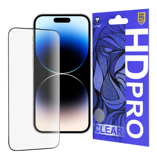 Lito HD Pro Clear schermbeschermfolie voor Apple iPhone 14 Pro, gehard glas, volledige lijm, zwart