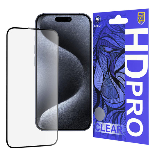 Lito HD Pro Clear schermbeschermfolie voor Apple iPhone 15 Pro, gehard glas, volledige lijm, zwart