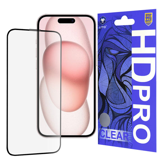 Lito HD Pro Clear schermbeschermfolie voor Apple iPhone 15, gehard glas, volledige lijm, zwart