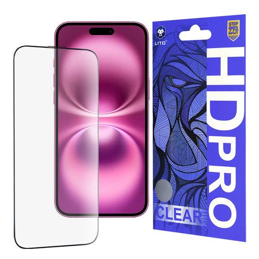 Lito HD Pro Clear schermbeschermfolie voor Apple iPhone 16 Plus, gehard glas, volledige lijm, zwart