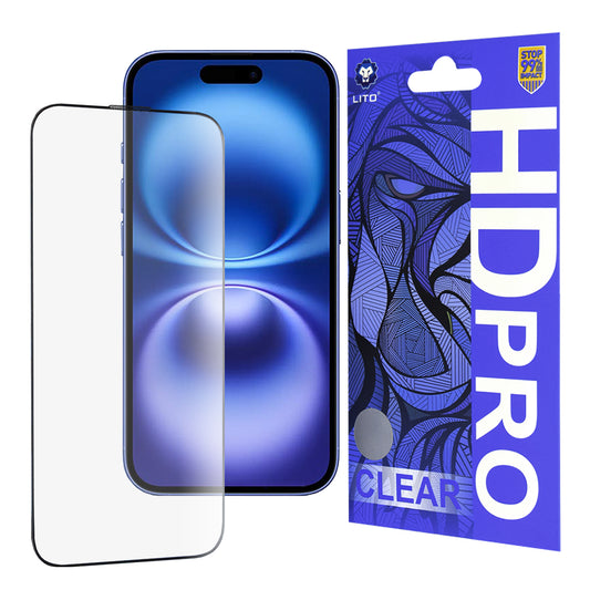 Lito HD Pro Clear schermbeschermfolie voor Apple iPhone 16, gehard glas, volledige lijm, zwart
