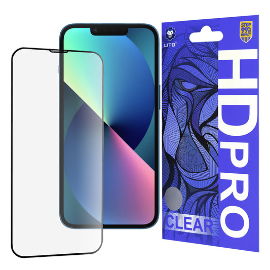 Lito HD Pro Clear schermbeschermfolie voor Apple iPhone 17e / 16e / 14 / 13 Pro, gehard glas, volledige lijm, zwart