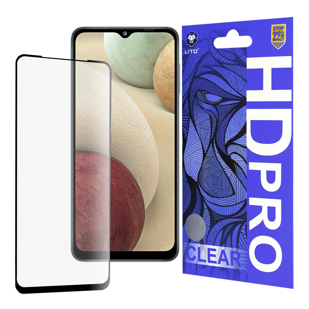 Lito HD Pro Clear schermbeschermfolie voor Samsung Galaxy F12 F127 / A12 Nacho A127 / M02 M022, gehard glas, volledige lijm, zwart