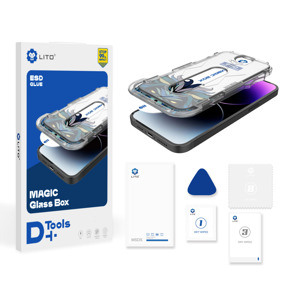 Beschermfolie Lito Magic Glass Box D+ Tools voor Apple iPhone 15, Gehard Glas, Volledige Lijm