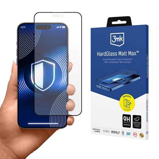 Matte schermbeschermfolie 3MK HardGlass Max voor Apple iPhone 17 Pro, Gehard Glas, Volledige Lijm, Zwart