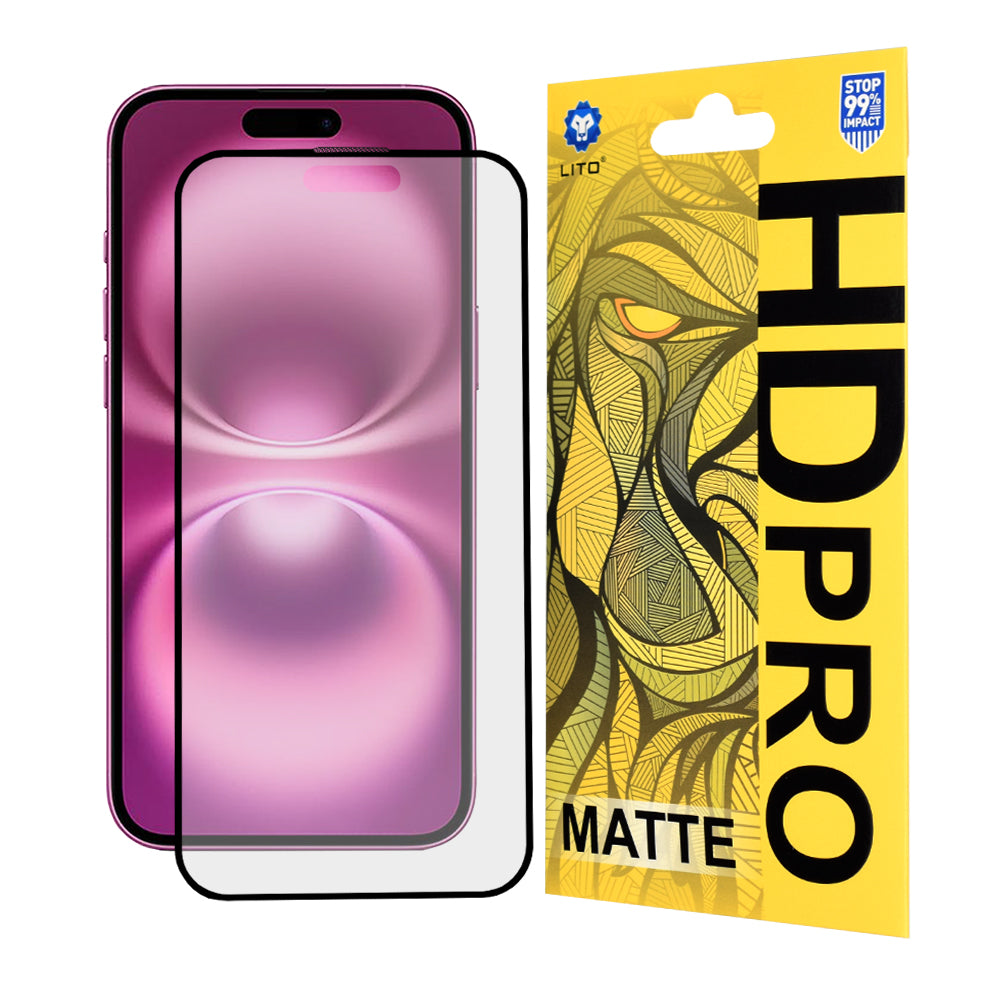Matte Lito HD Pro schermbeschermfolie voor Apple iPhone 16 Plus, gehard glas, volledige lijm, zwart