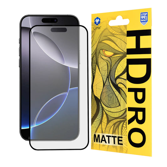 Matte Lito HD Pro schermbeschermfolie voor Apple iPhone 16 Pro Max, gehard glas, volledige lijm, zwart