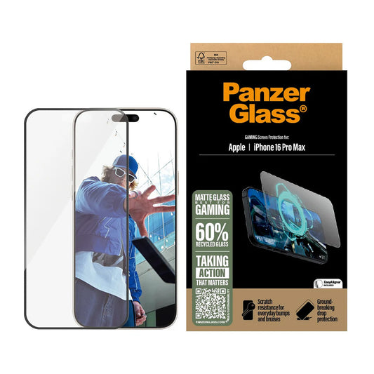 Matte PanzerGlass Ultra-Wide Fit Gaming schermbeschermfolie voor Apple iPhone 16 Pro Max, Gehard Glas, Volledige Lijm, Zwart