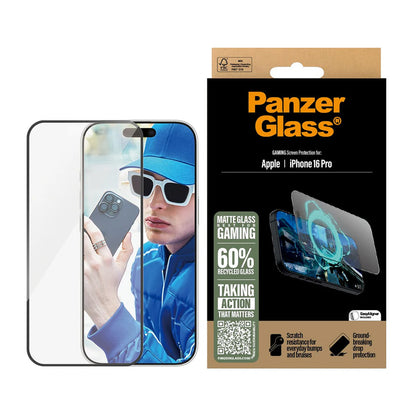 Matte PanzerGlass Ultra-Wide Fit Gaming schermbeschermfolie voor Apple iPhone 16 Pro, Gehard Glas, Volledige Lijm, Zwart