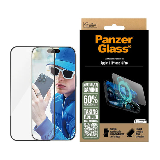 Matte PanzerGlass Ultra-Wide Fit Gaming schermbeschermfolie voor Apple iPhone 16 Pro, Gehard Glas, Volledige Lijm, Zwart