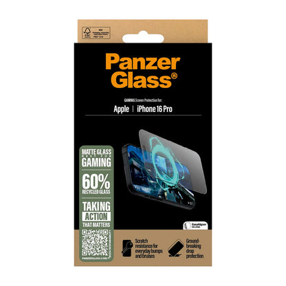 Matte PanzerGlass Ultra-Wide Fit Gaming schermbeschermfolie voor Apple iPhone 16 Pro, Gehard Glas, Volledige Lijm, Zwart