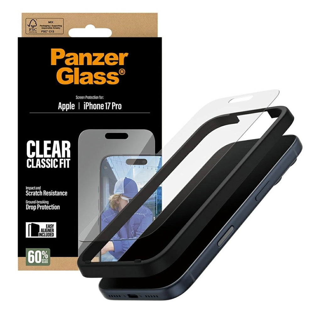 Beschermfolie Scherm PanzerGlass Classic Fit EasyAligner voor Apple iPhone 17 Pro, Gehard Glas, Volledige Lijm