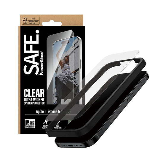 Beschermfolie PanzerGlass Safe Scherm. Ultra-Wide Fit EasyAligner voor Apple iPhone 17 / 16 Pro, Gehard Glas, Volledige Lijm