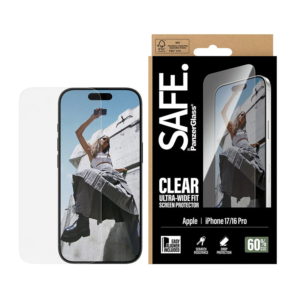 Beschermfolie PanzerGlass Safe Scherm. Ultra-Wide Fit EasyAligner voor Apple iPhone 17 / 16 Pro, Gehard Glas, Volledige Lijm