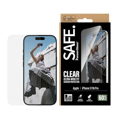 Beschermfolie PanzerGlass Safe Scherm. Ultra-Wide Fit EasyAligner voor Apple iPhone 17 / 16 Pro, Gehard Glas, Volledige Lijm