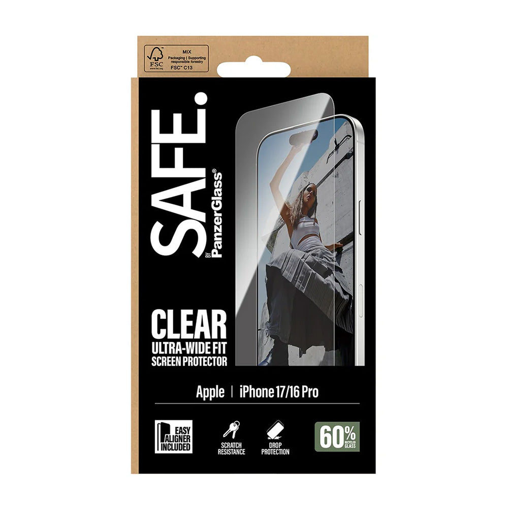 Beschermfolie PanzerGlass Safe Scherm. Ultra-Wide Fit EasyAligner voor Apple iPhone 17 / 16 Pro, Gehard Glas, Volledige Lijm