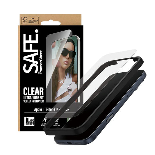 Beschermfolie PanzerGlass Safe scherm. Ultra-Wide Fit EasyAligner voor Apple iPhone 17 Pro Max, Gehard Glas, Volledige Lijm
