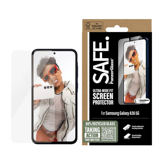 Beschermfolie PanzerGlass Safe Scherm. Ultra-Wide Fit EasyAligner voor Samsung Galaxy A36 A366, Gehard Glas, Volledige Lijm